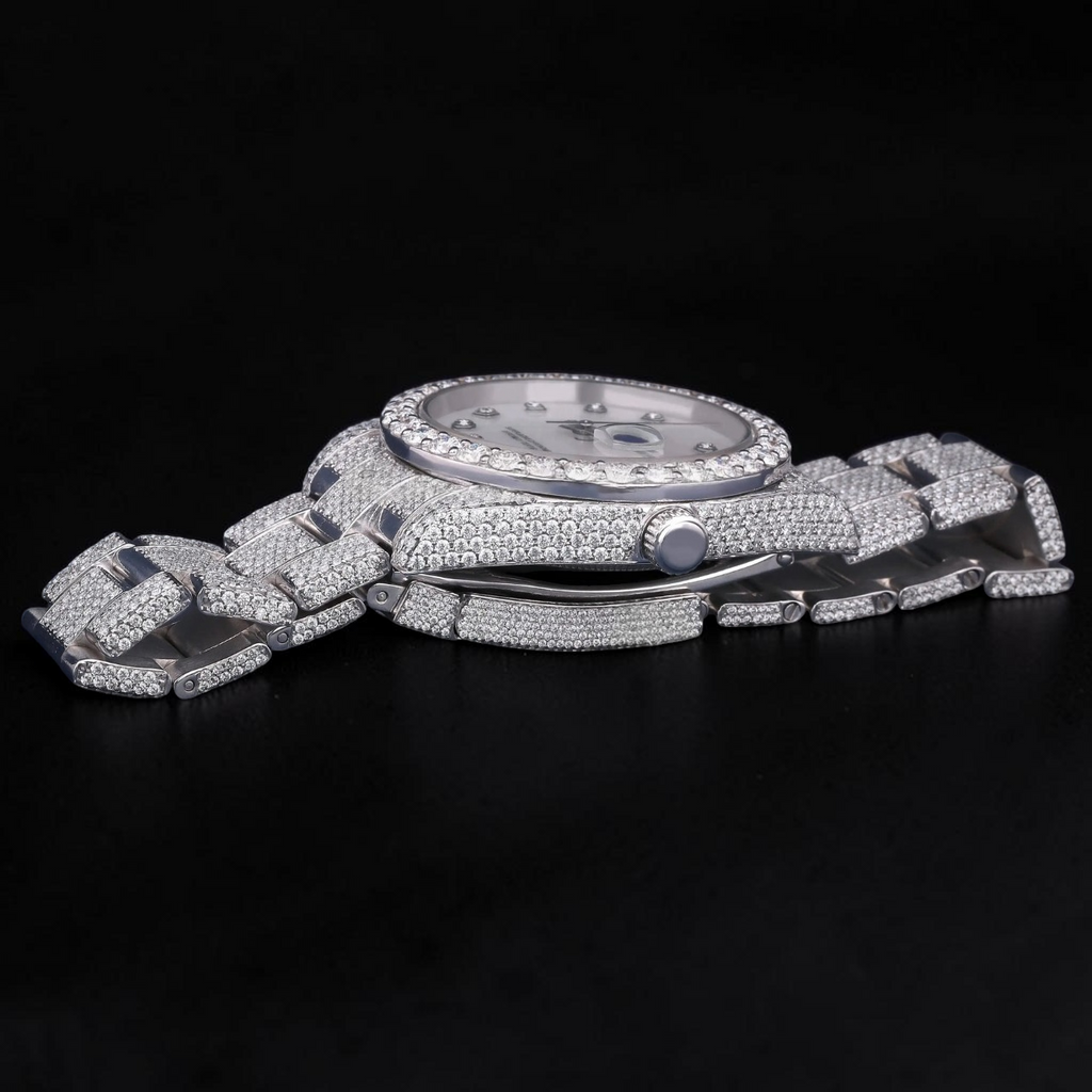Luxury Silver White Dial Moissanite Automatic Date Watch