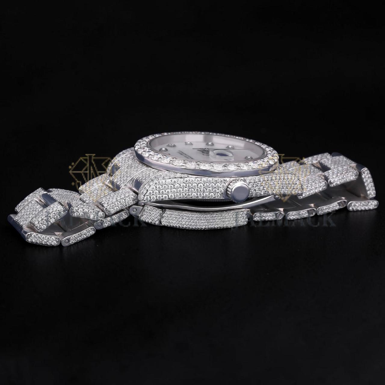 Luxury Silver White Dial Moissanite Automatic Date Watch