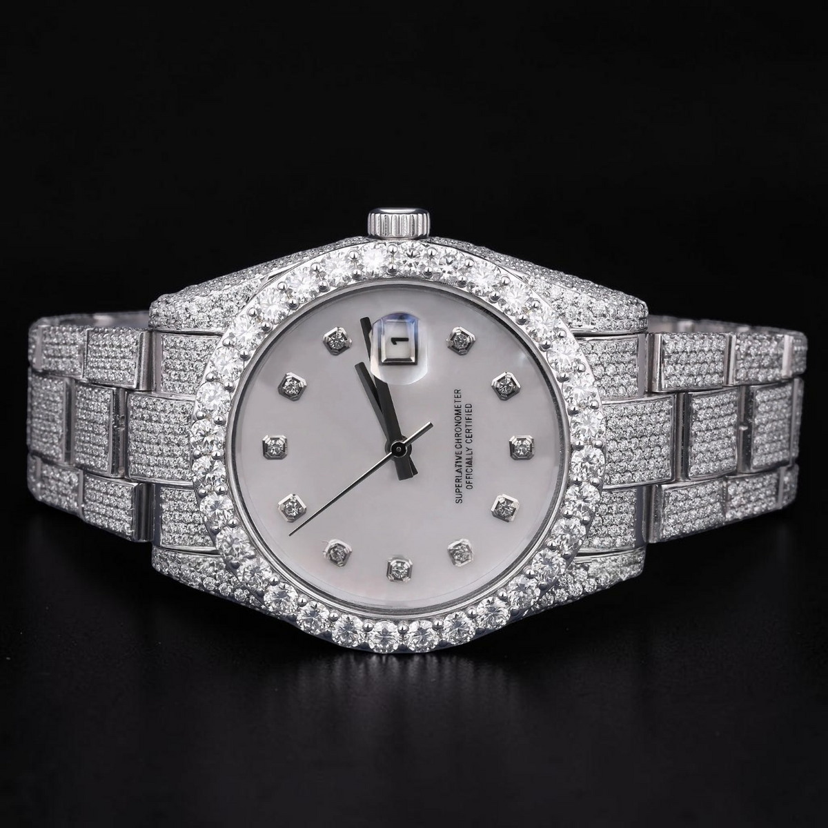 Luxury Silver White Dial Moissanite Automatic Date Watch
