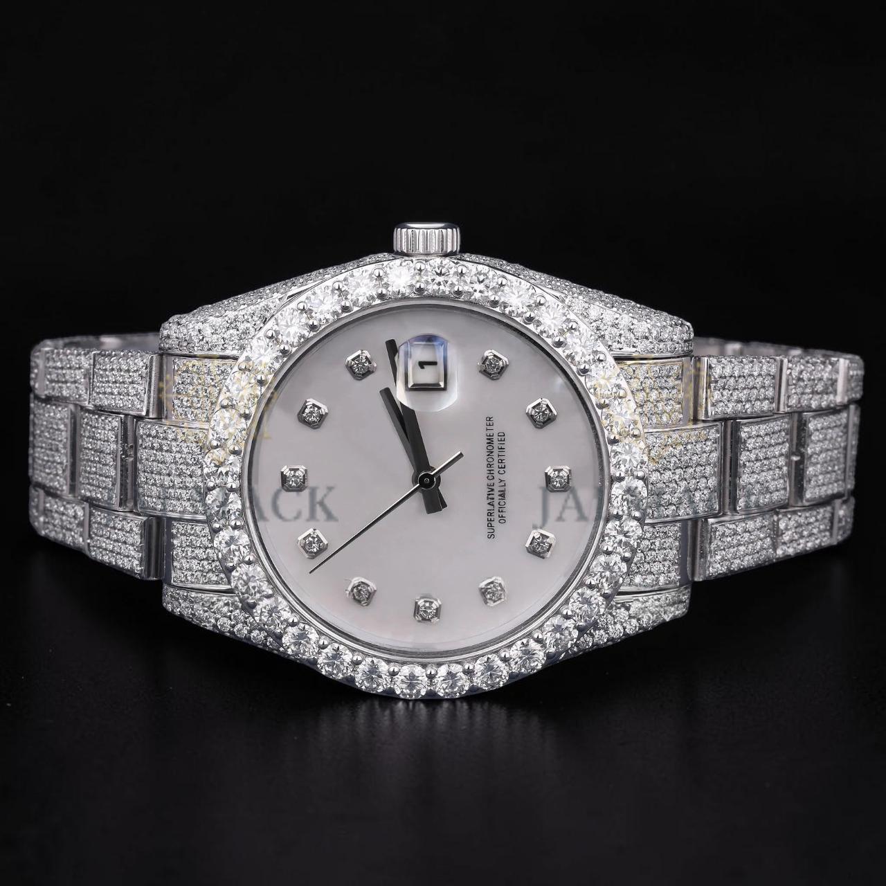 Luxury Silver White Dial Moissanite Automatic Date Watch