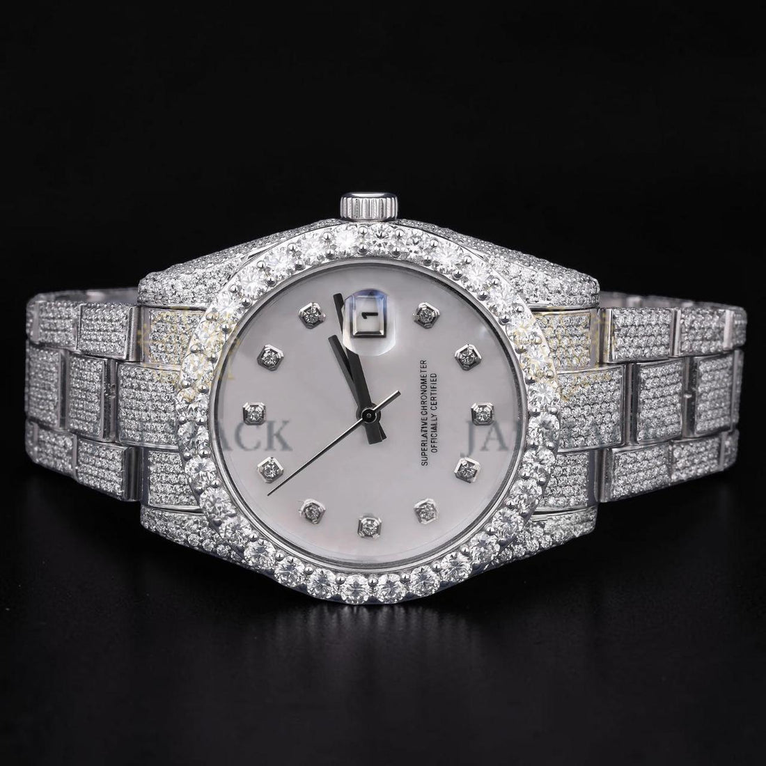 Luxury Silver White Dial Moissanite Automatic Date Watch