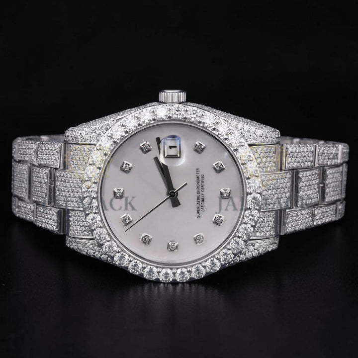 Luxury Silver White Dial Moissanite Automatic Date Watch