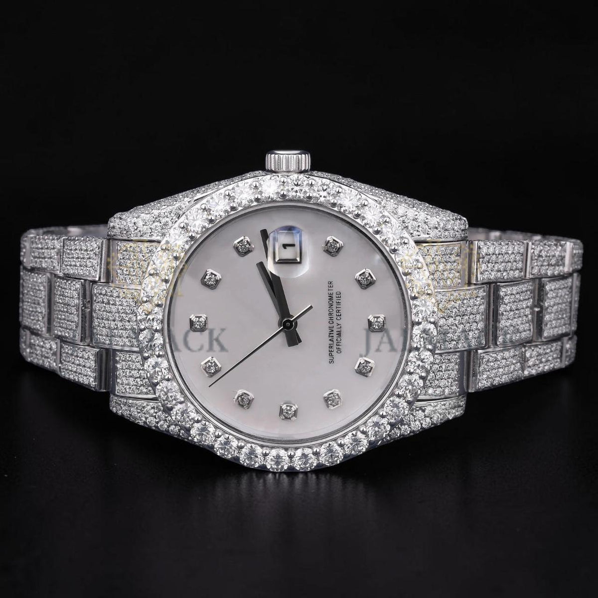 Luxury Silver White Dial Moissanite Automatic Date Watch