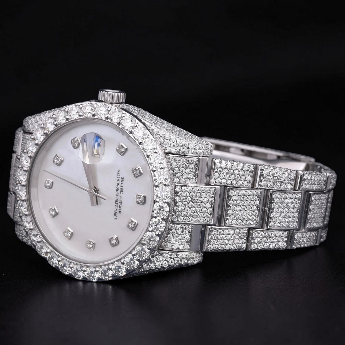 Luxury Silver White Dial Moissanite Automatic Date Watch
