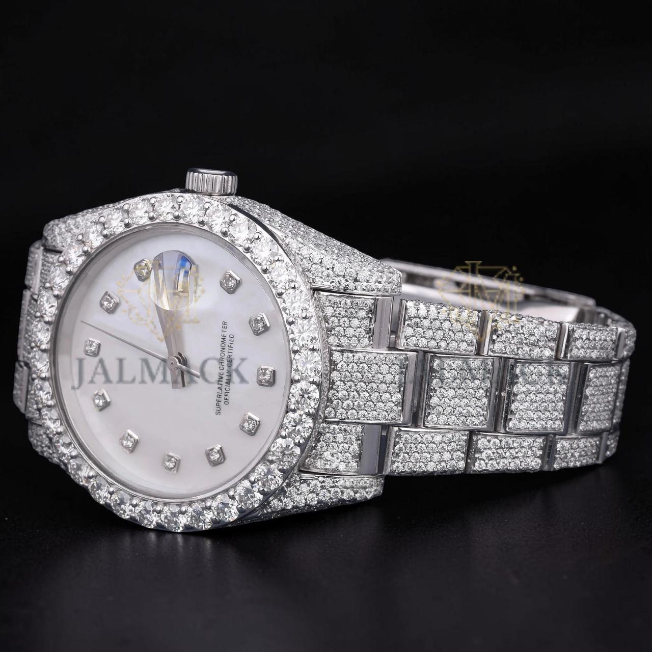 Luxury Silver White Dial Moissanite Automatic Date Watch