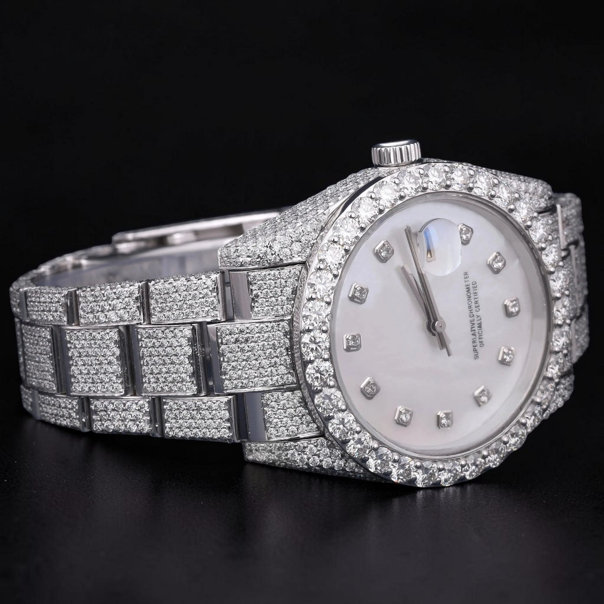 Luxury Silver White Dial Moissanite Automatic Date Watch