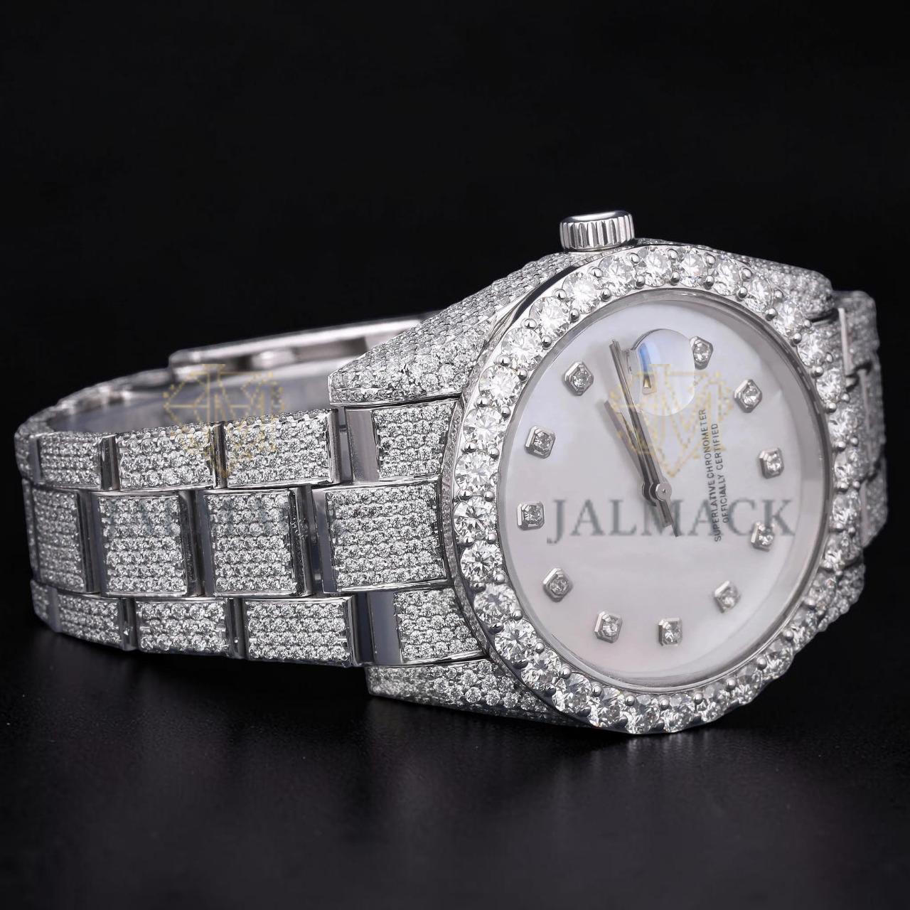 Luxury Silver White Dial Moissanite Automatic Date Watch