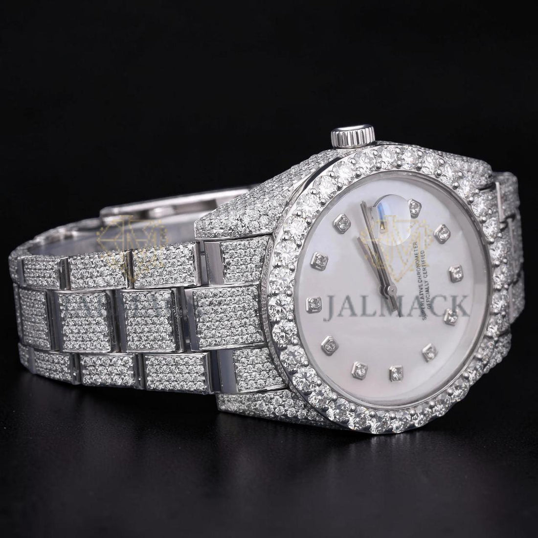 Luxury Silver White Dial Moissanite Automatic Date Watch