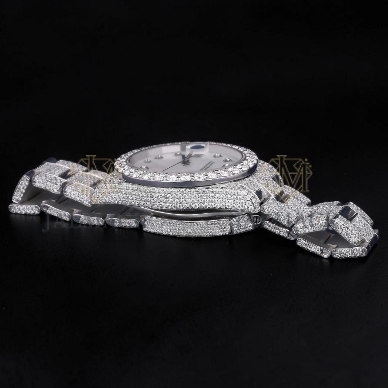 Luxury Silver White Dial Moissanite Automatic Date Watch