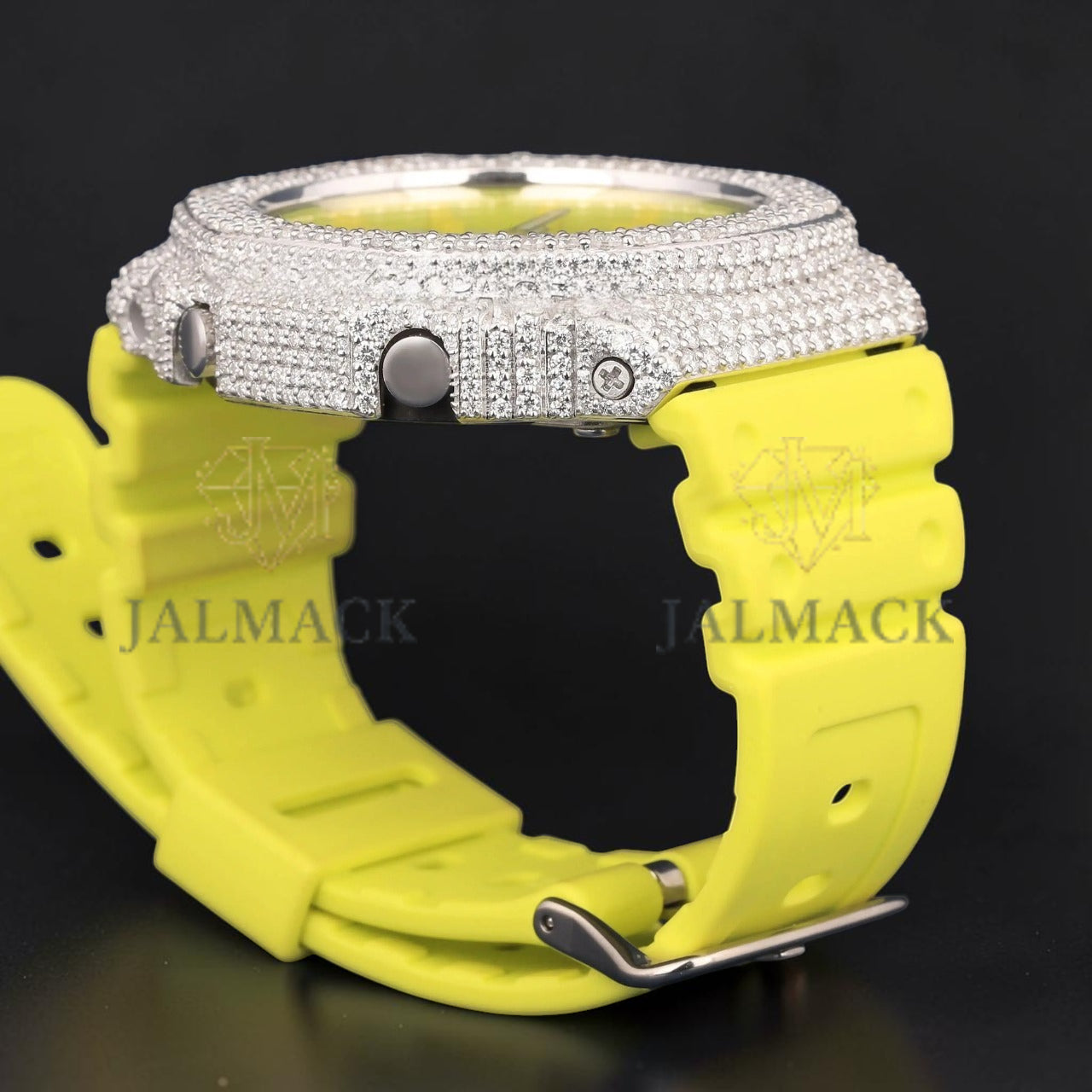 Neon Yellow Dial White Gold Moissanite Analog Digital Watch