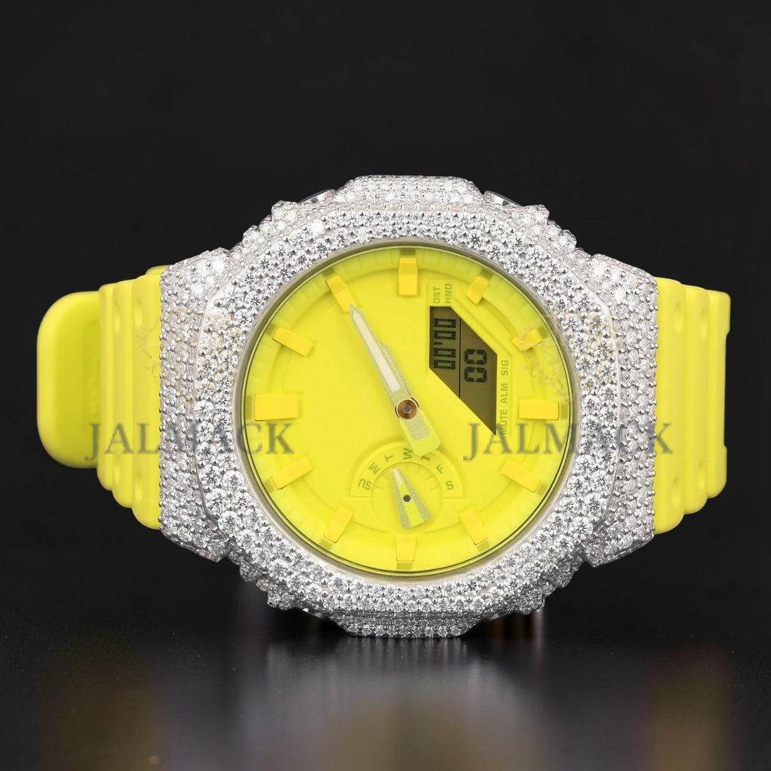 Neon Yellow Dial White Gold Moissanite Analog Digital Watch