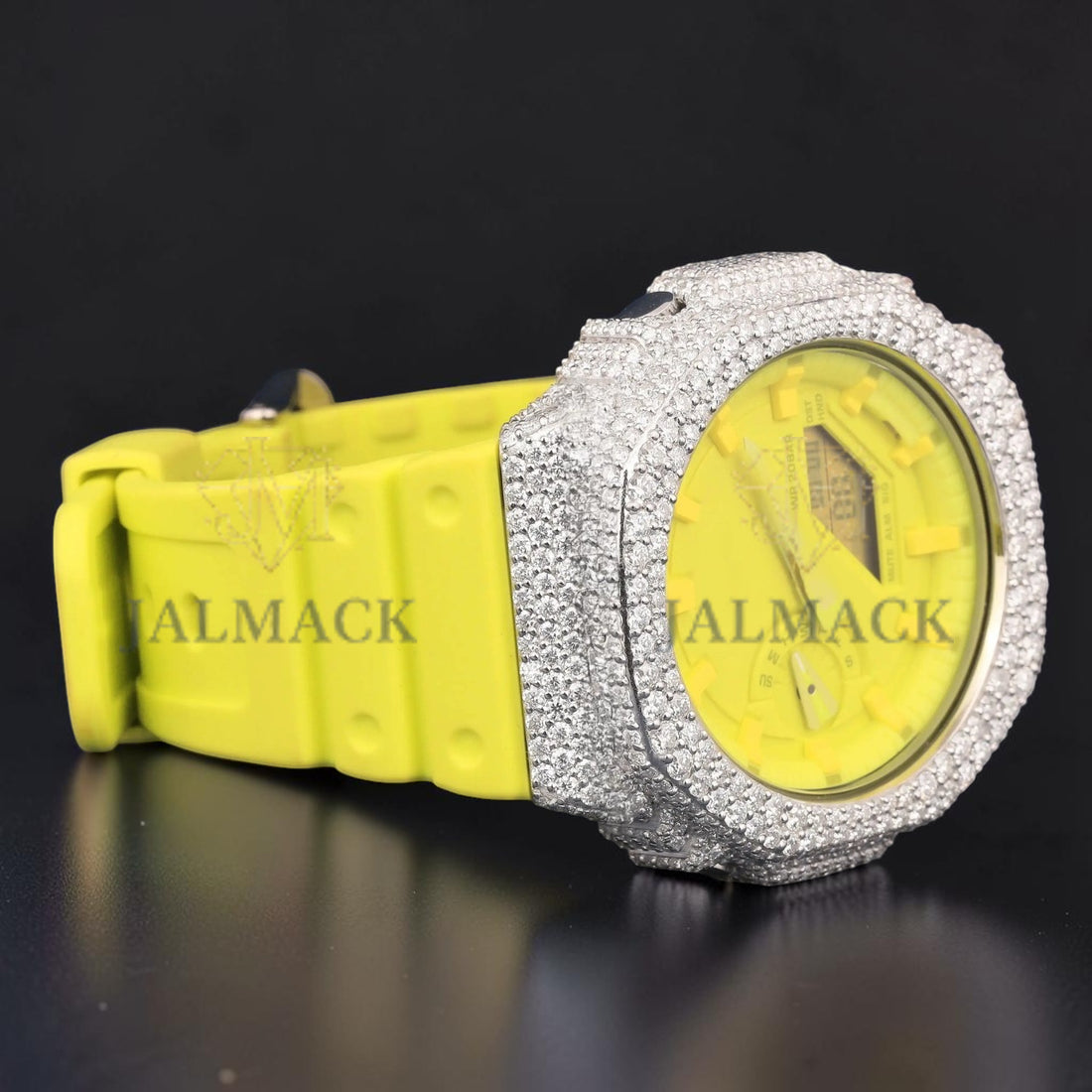 Neon Yellow Dial White Gold Moissanite Analog Digital Watch