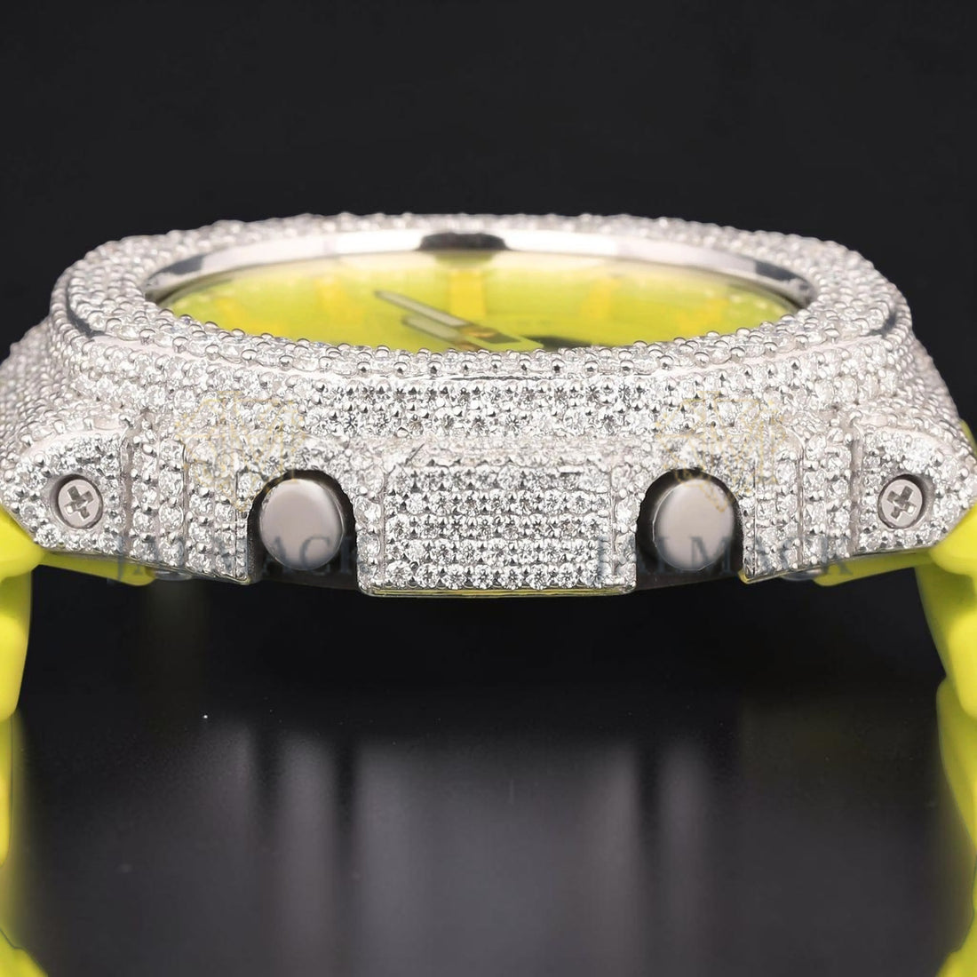 Neon Yellow Dial White Gold Moissanite Analog Digital Watch