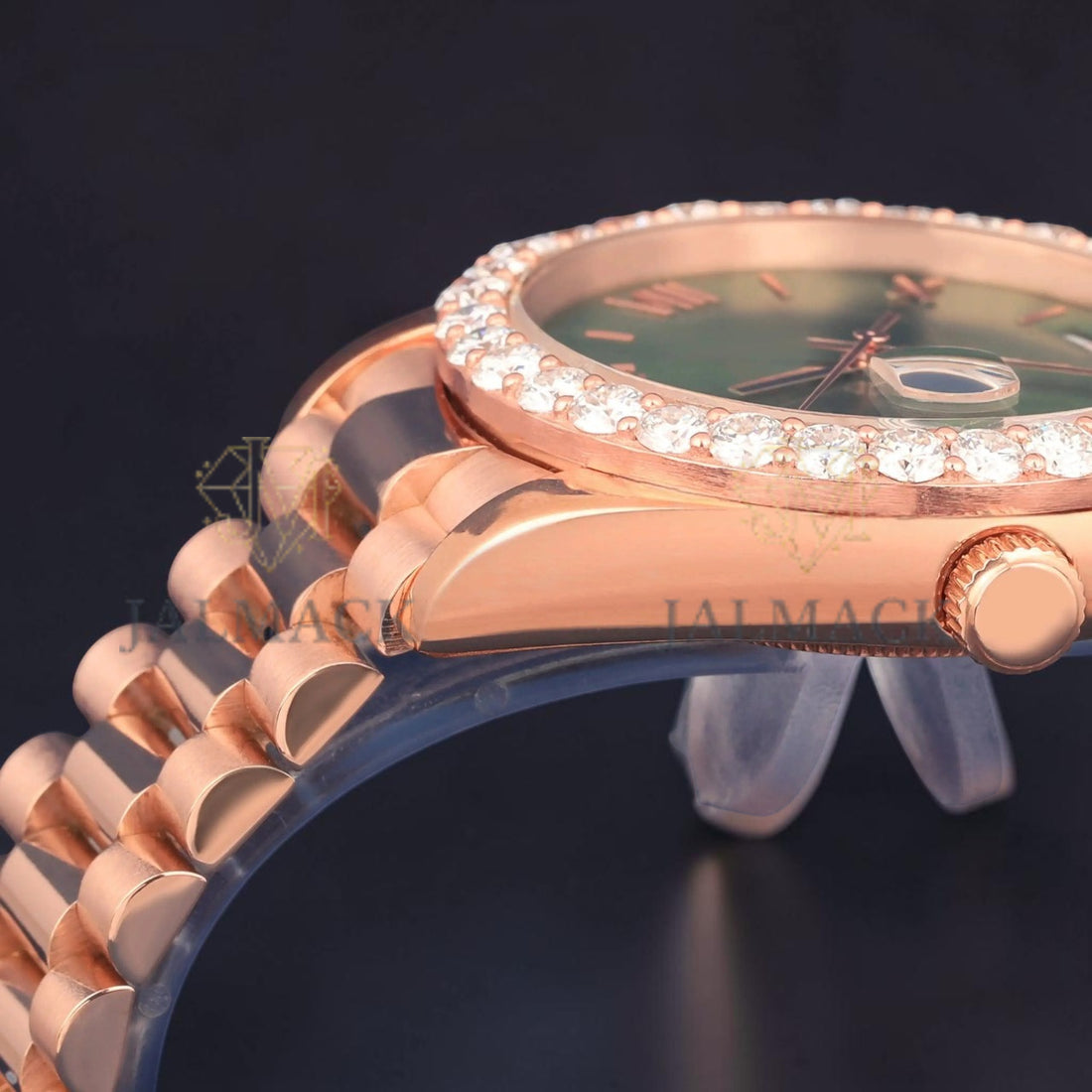 Green Dial Rose Gold VVS1 D Color Moissanite Day Date Watch