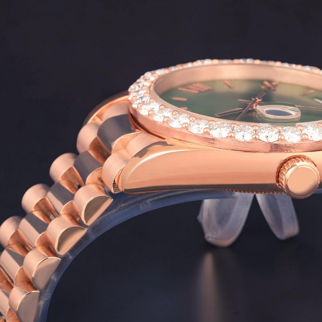 Green Dial Rose Gold VVS1 D Color Moissanite Day Date Watch