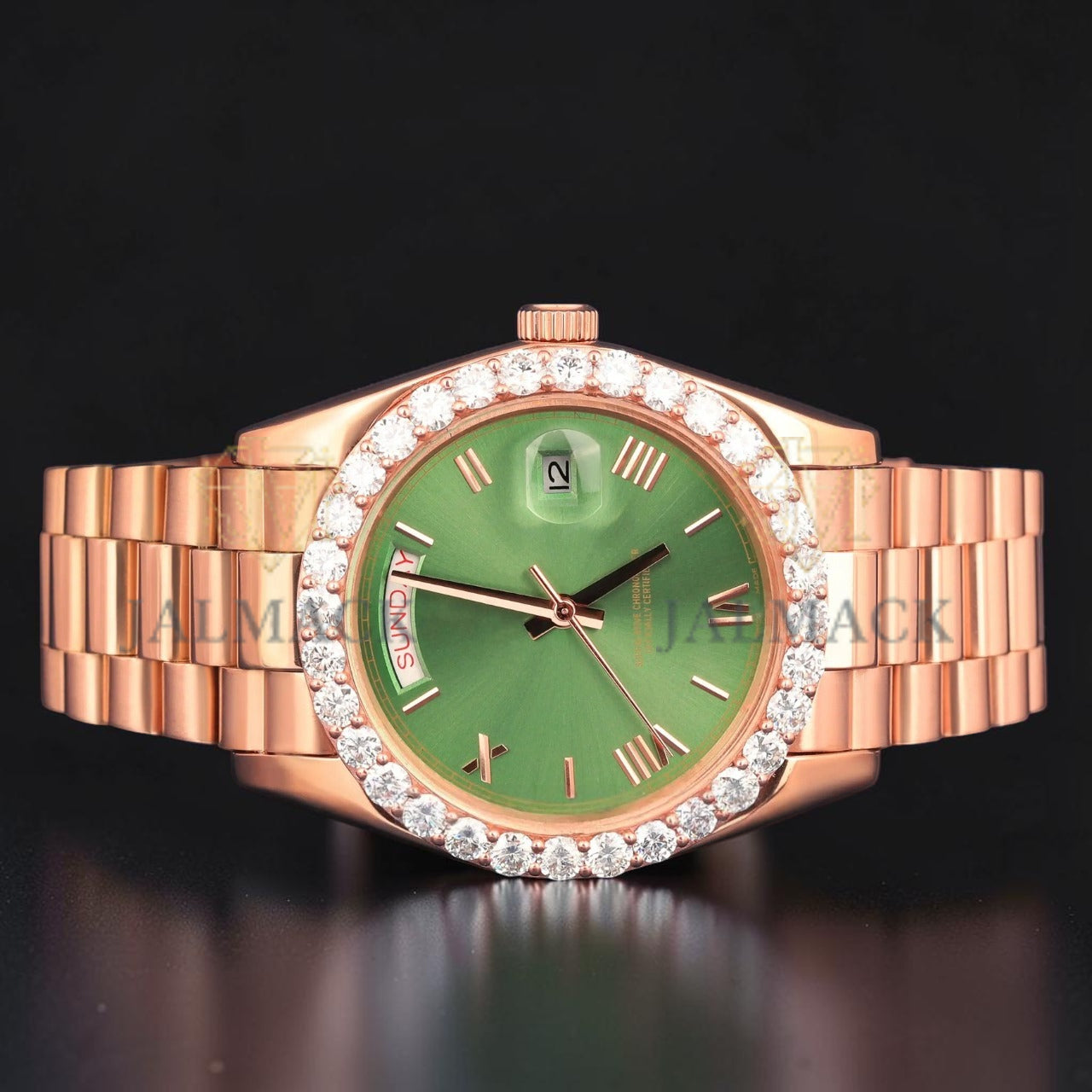 Green Dial Rose Gold VVS1 D Color Moissanite Day Date Watch