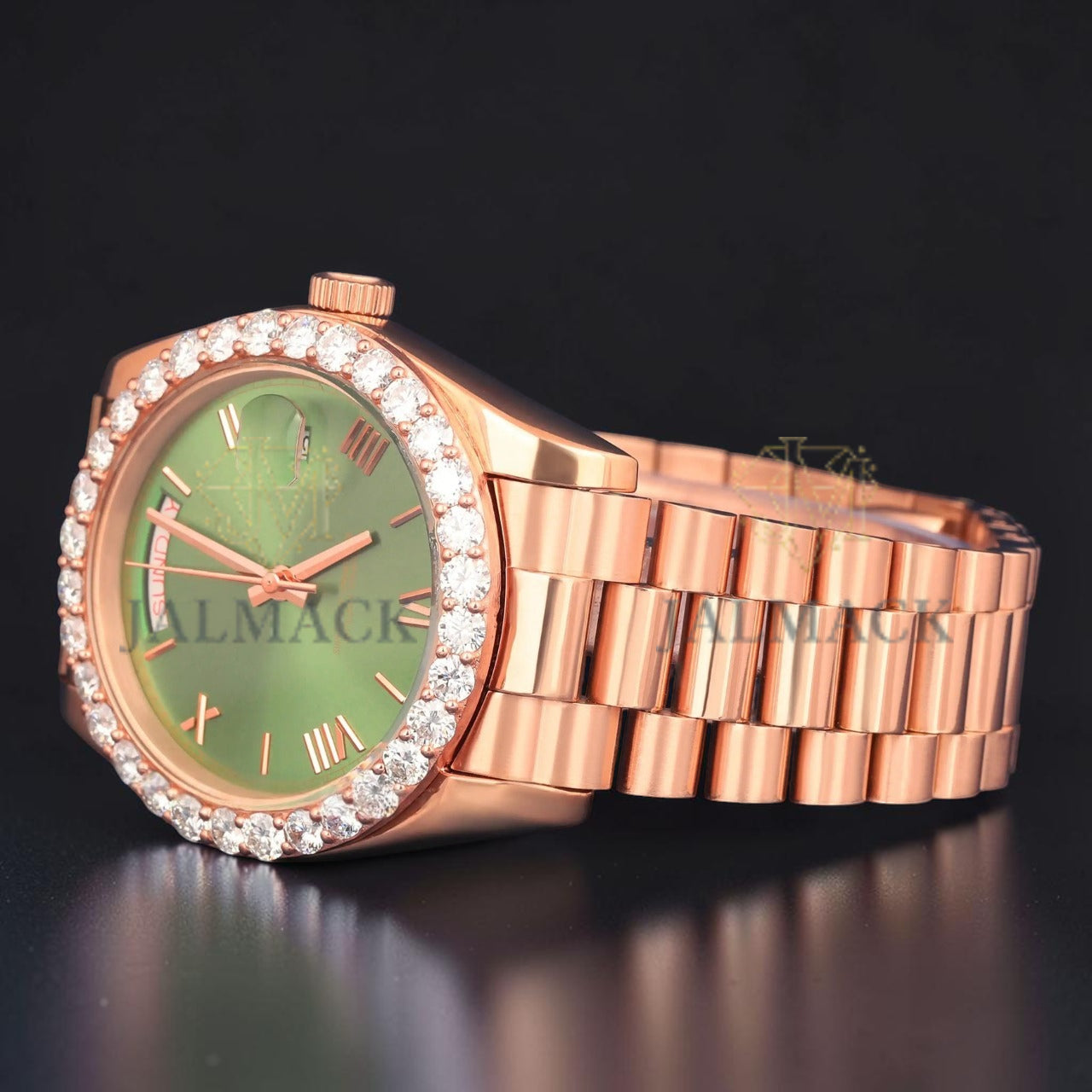 Green Dial Rose Gold VVS1 D Color Moissanite Day Date Watch