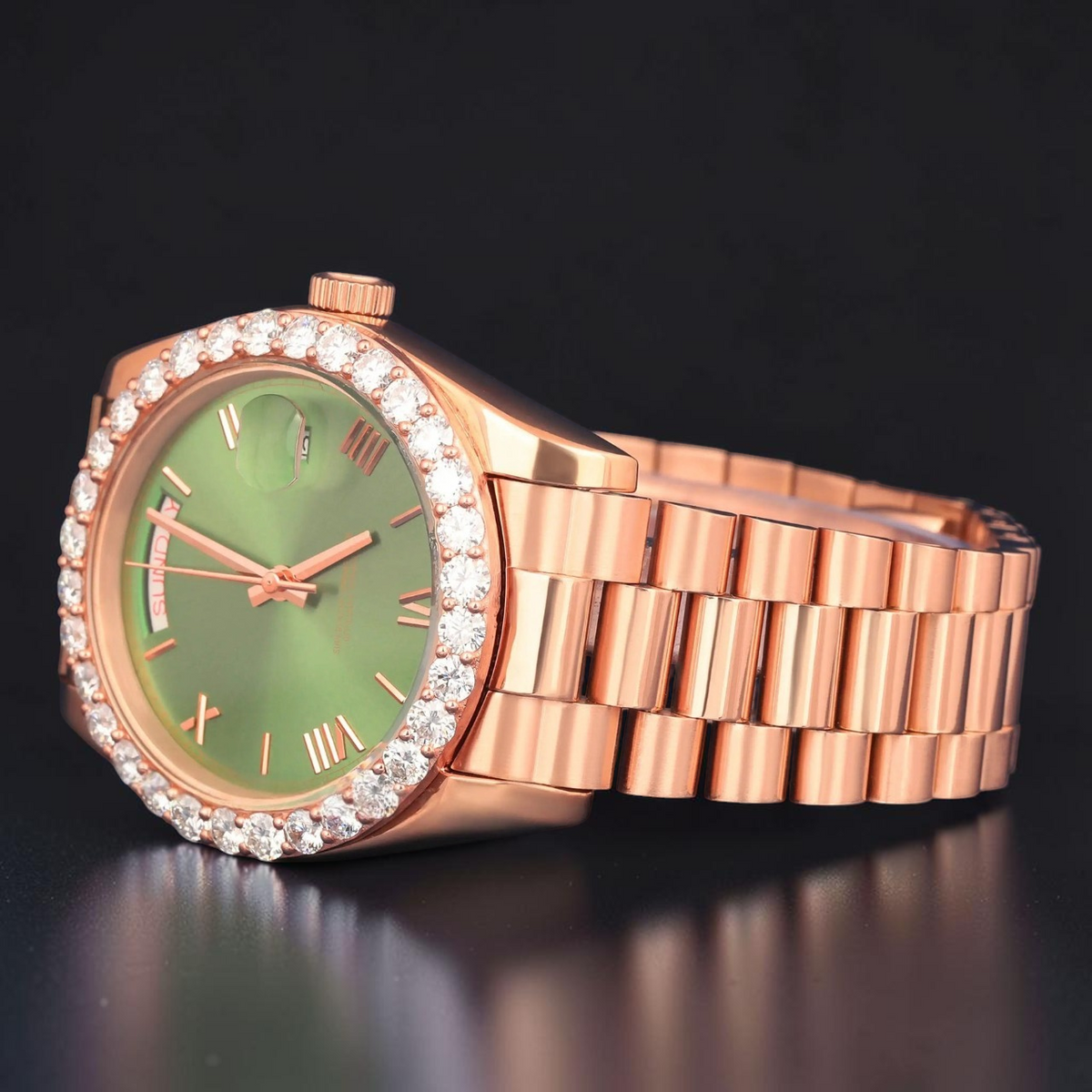 Green Dial Rose Gold VVS1 D Color Moissanite Day Date Watch