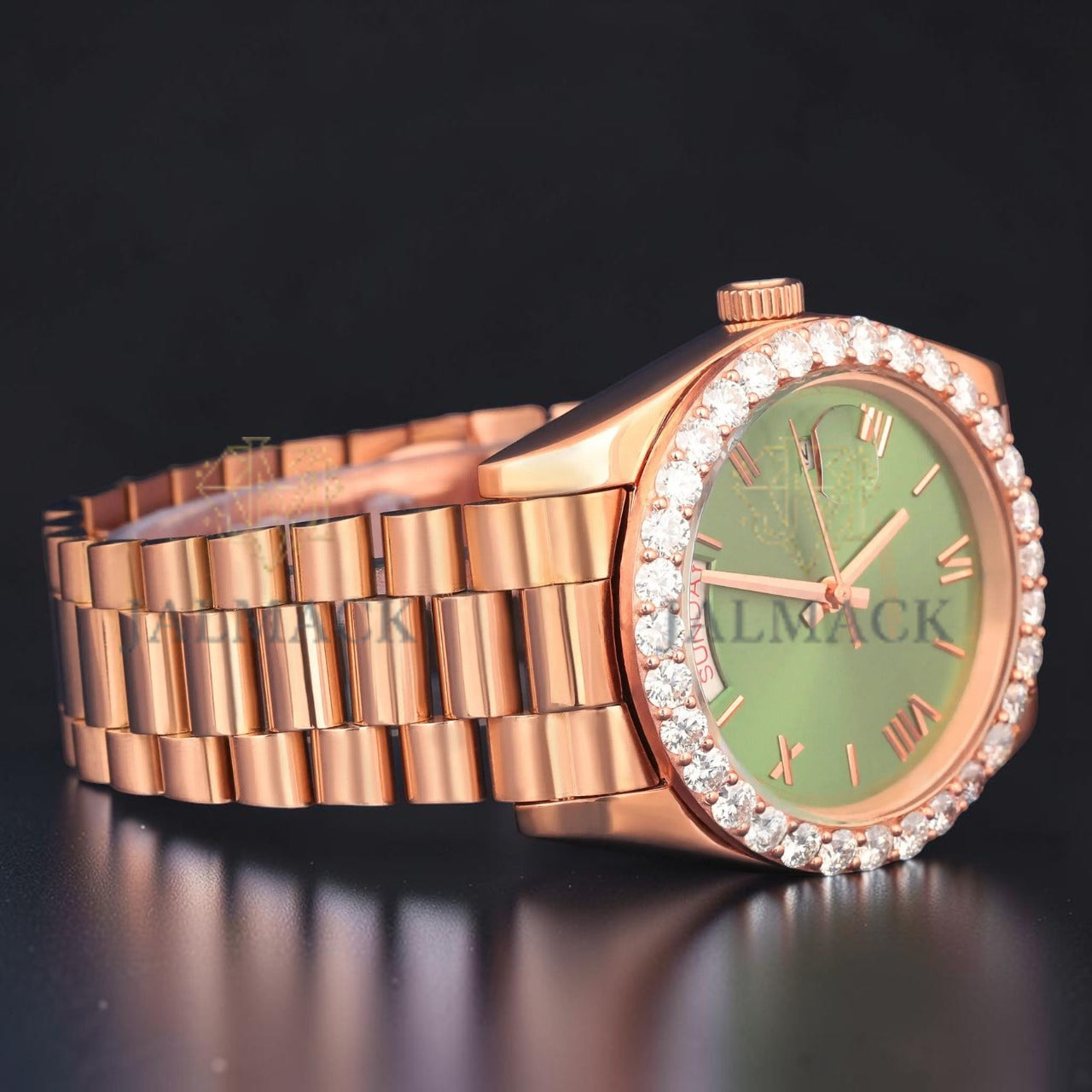 Green Dial Rose Gold VVS1 D Color Moissanite Day Date Watch