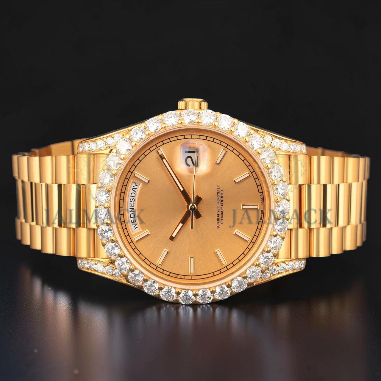 Yellow Gold VVS1 D Color Moissanite Diamond Day Date Watch