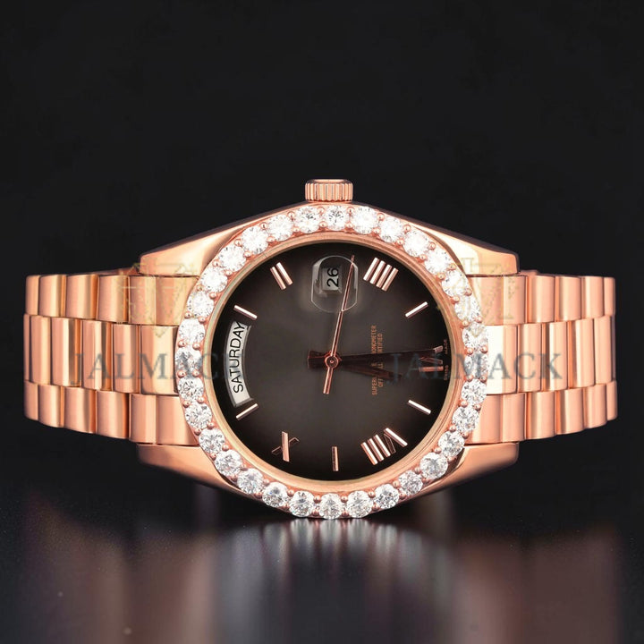 Black Dial Rose Gold VVS1 D Color Moissanite Diamond Day Date Watch