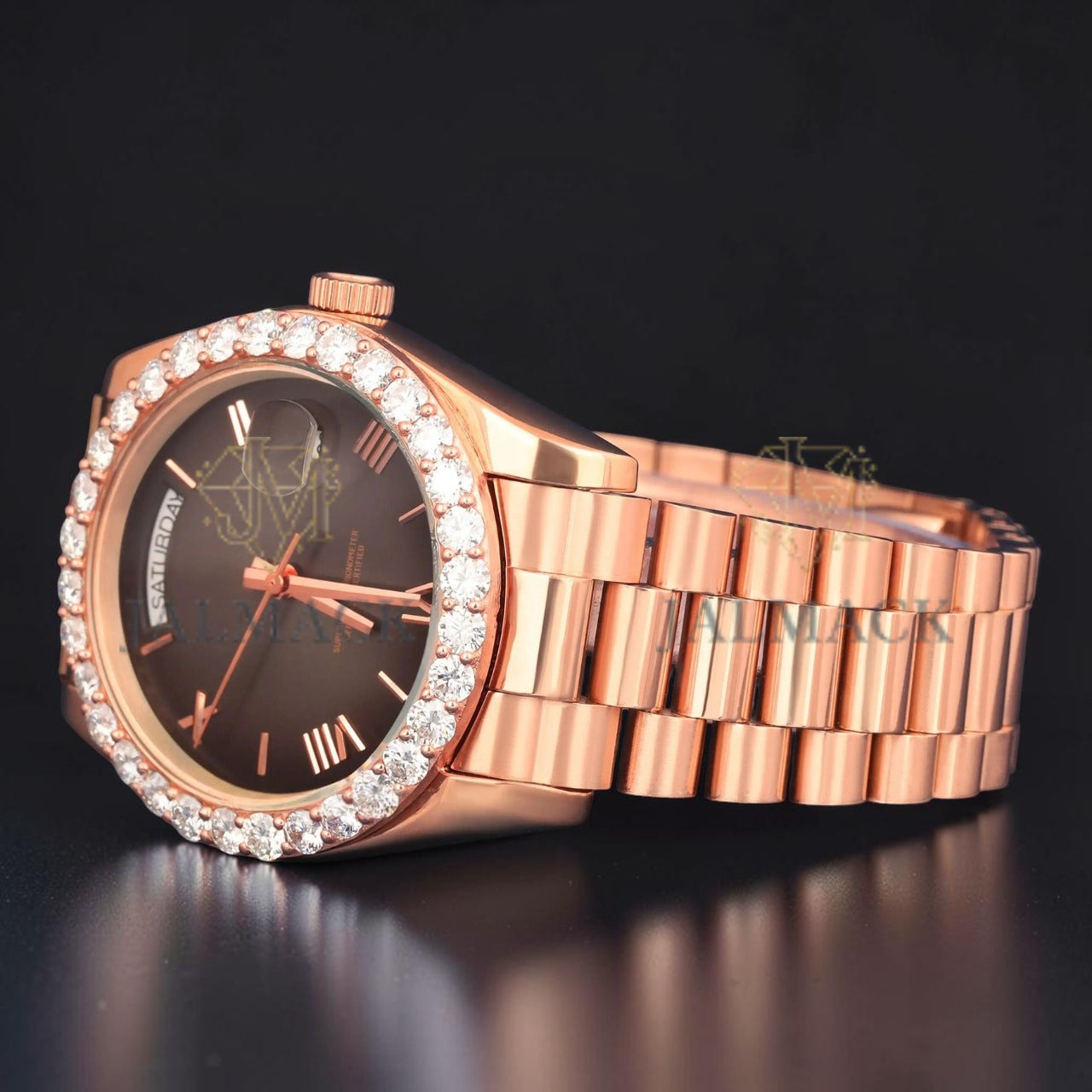 Black Dial Rose Gold VVS1 D Color Moissanite Diamond Day Date Watch