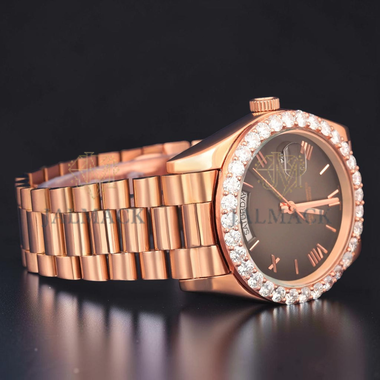 Black Dial Rose Gold VVS1 D Color Moissanite Diamond Day Date Watch