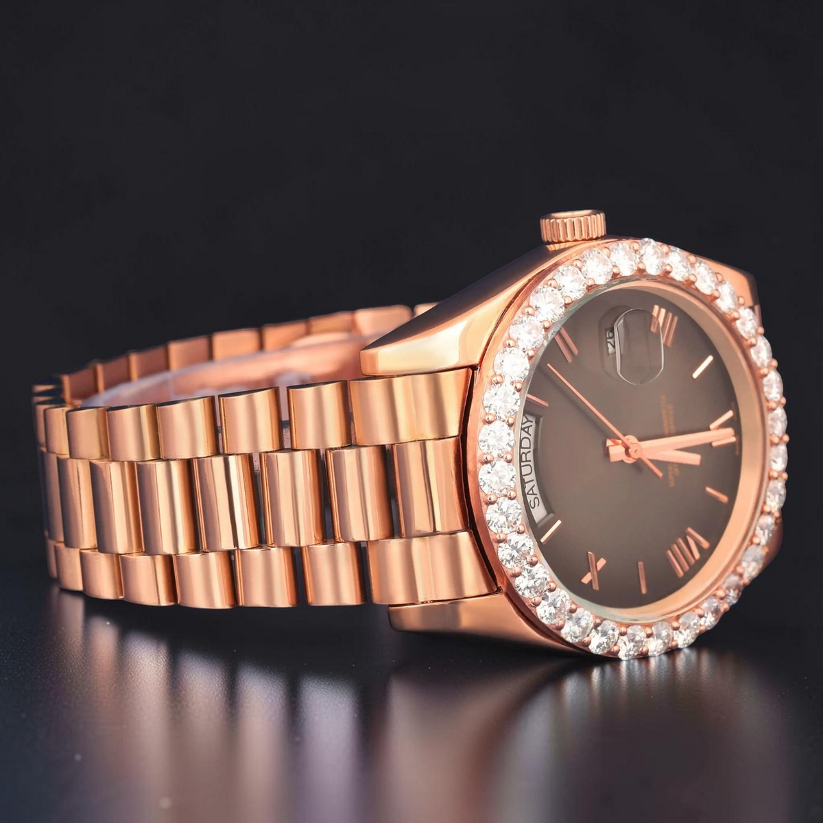 Black Dial Rose Gold VVS1 D Color Moissanite Diamond Day Date Watch