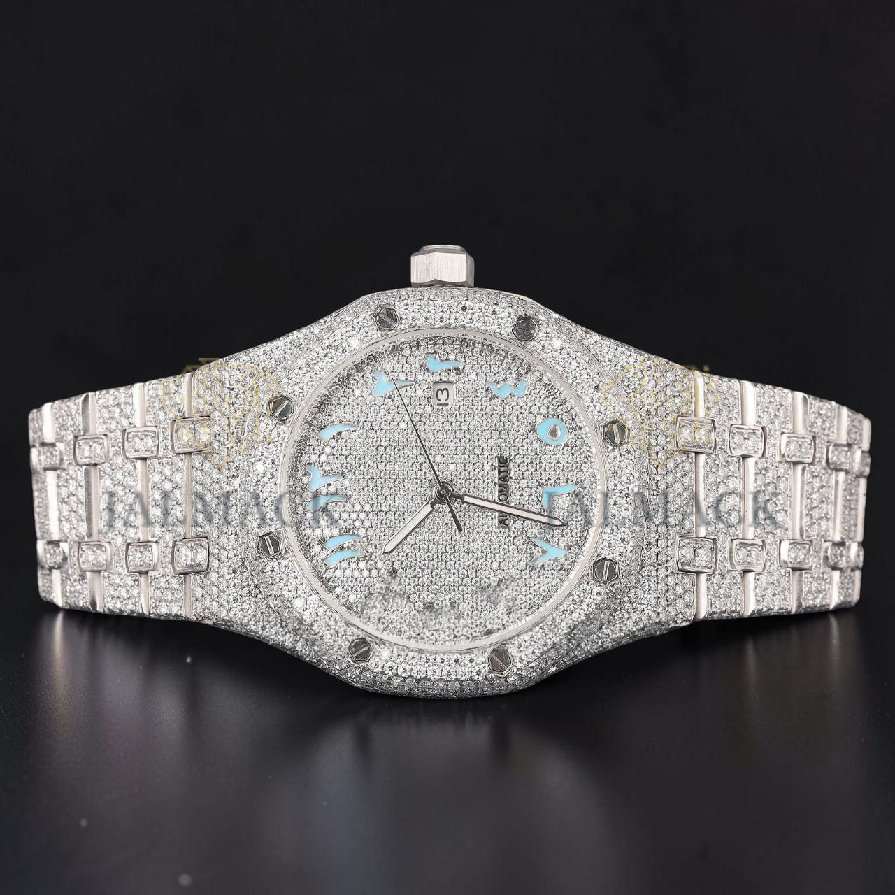 Sky Blue Arabic Dial VVS1 D Color Moissanite Diamond Automatic Watch