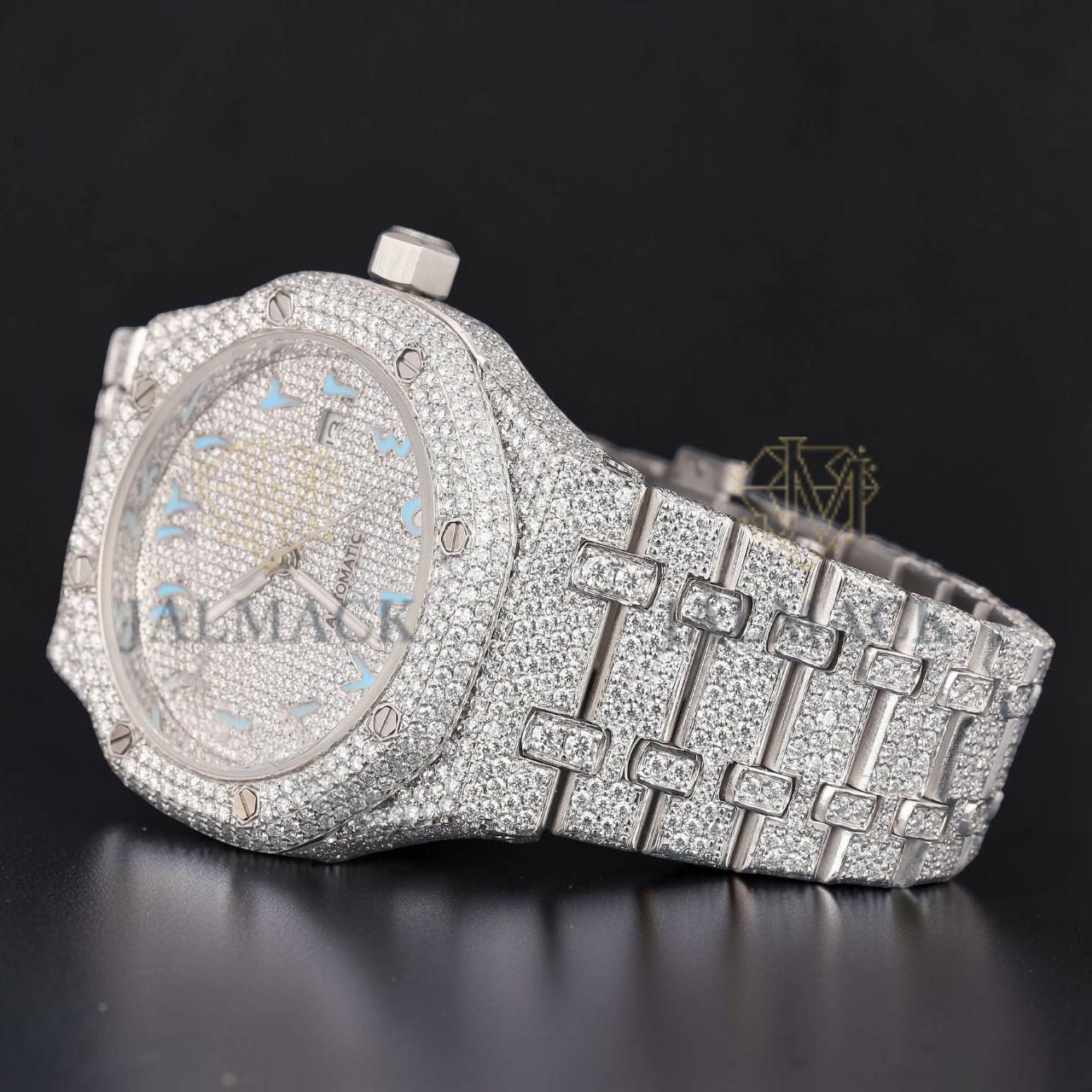 Sky Blue Arabic Dial VVS1 D Color Moissanite Diamond Automatic Watch