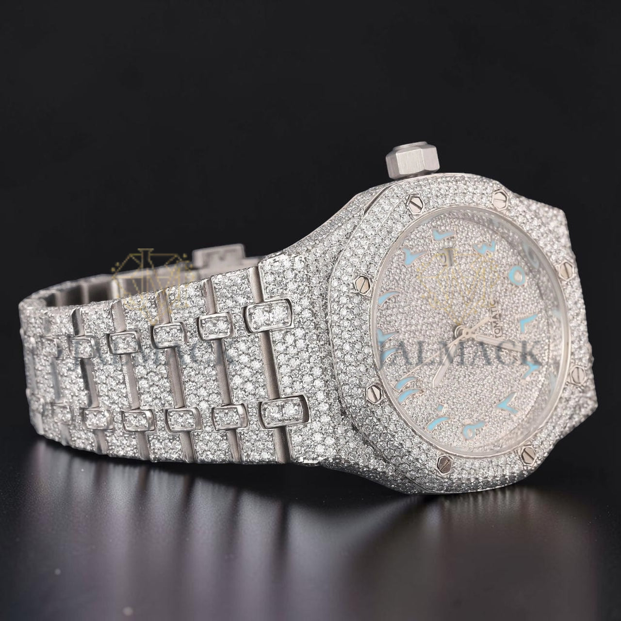 Sky Blue Arabic Dial VVS1 D Color Moissanite Diamond Automatic Watch