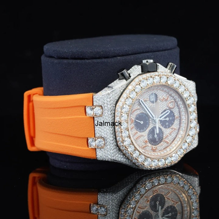 Luxury Fully Iced Out Orange Dial Moissanite Watch for Men Orange Rubber Strap