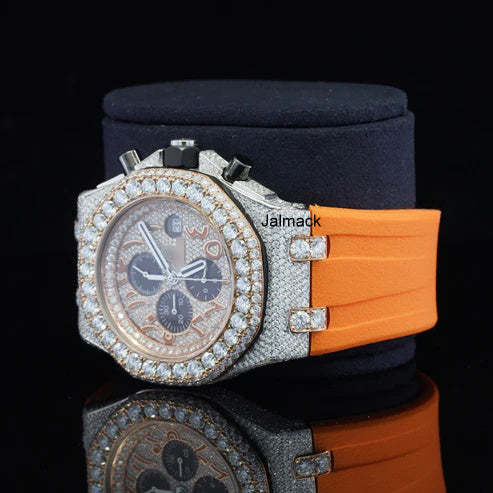 Luxury Fully Iced Out Orange Dial Moissanite Watch for Men Orange Rubber Strap