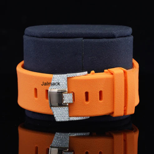 Luxury Fully Iced Out Orange Dial Moissanite Watch for Men Orange Rubber Strap
