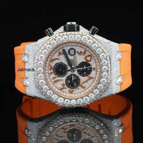 Luxury Fully Iced Out Orange Dial Moissanite Watch for Men Orange Rubber Strap