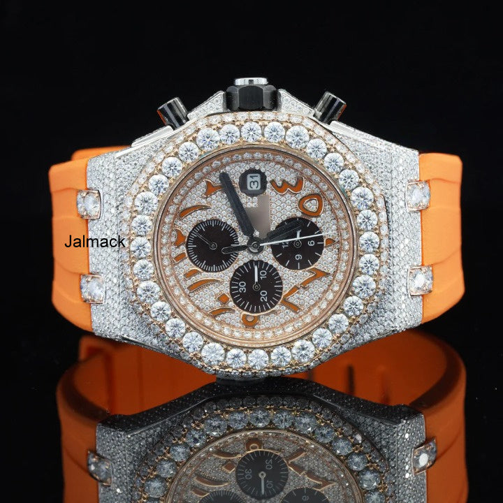 Luxury Fully Iced Out Orange Dial Moissanite Watch for Men Orange Rubber Strap