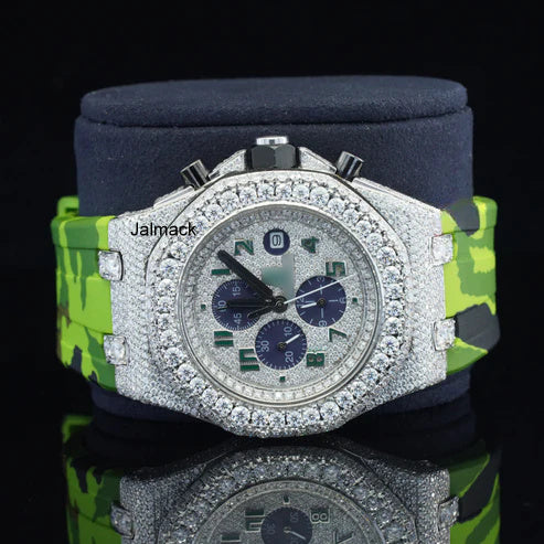Luxury Fully Iced Out Green Dial Moissanite Watch for Men Neon Green Rubber Strap