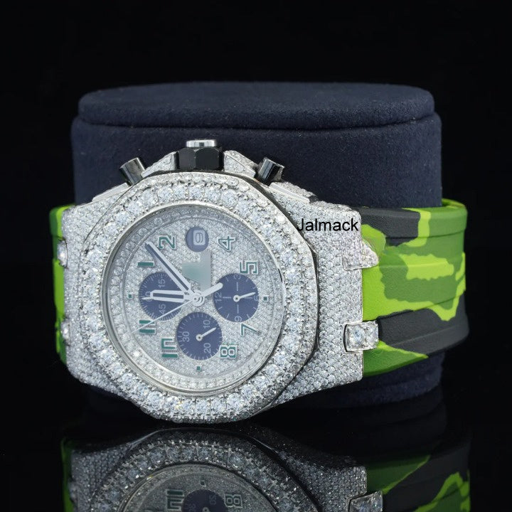 Luxury Fully Iced Out Green Dial Moissanite Watch for Men Neon Green Rubber Strap