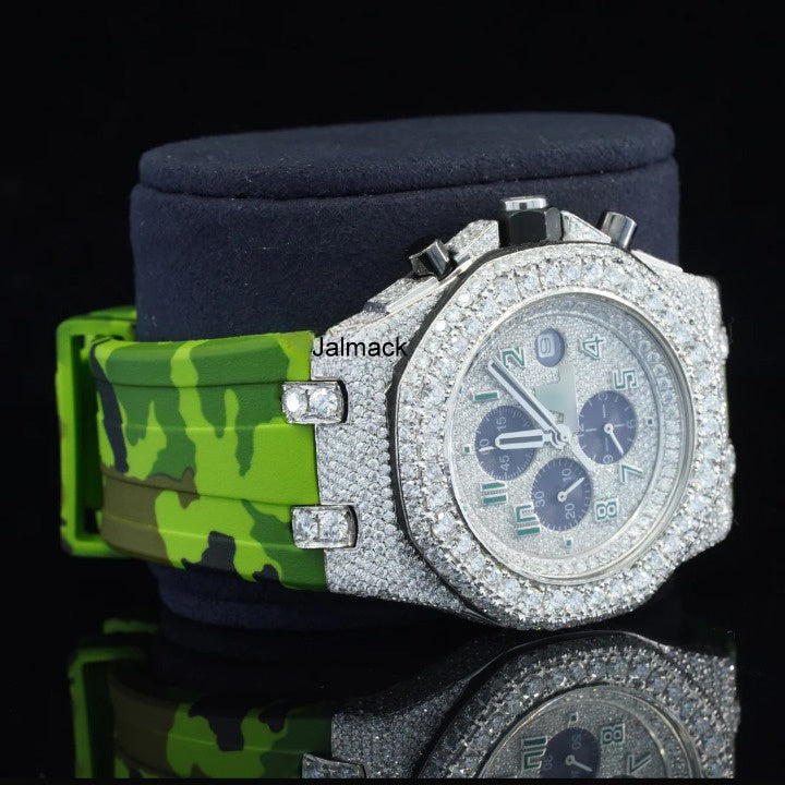 Luxury Fully Iced Out Green Dial Moissanite Watch for Men Neon Green Rubber Strap