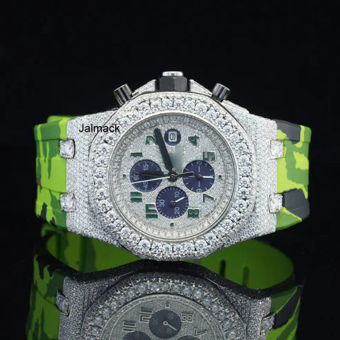 Luxury Fully Iced Out Green Dial Moissanite Watch for Men Neon Green Rubber Strap