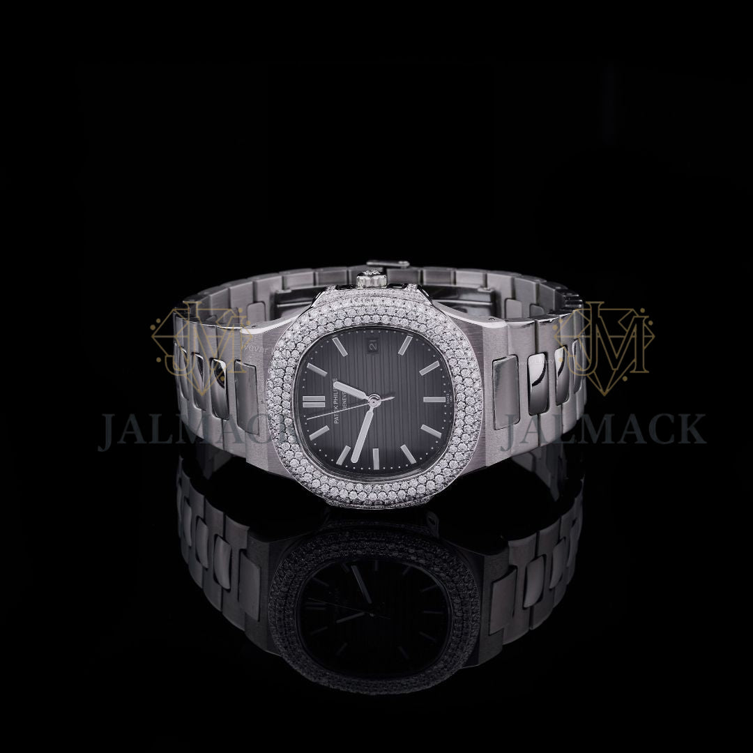 Grey Dial Double-Row Round-Cut Moissanite Automatic Watch