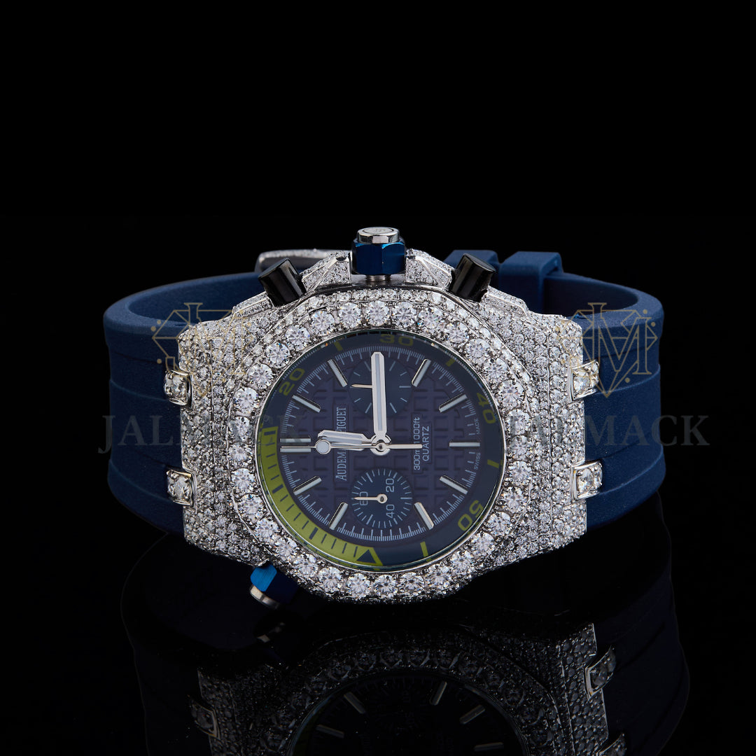 Blue Dial Fully Iced Moissanite Chronograph Watch