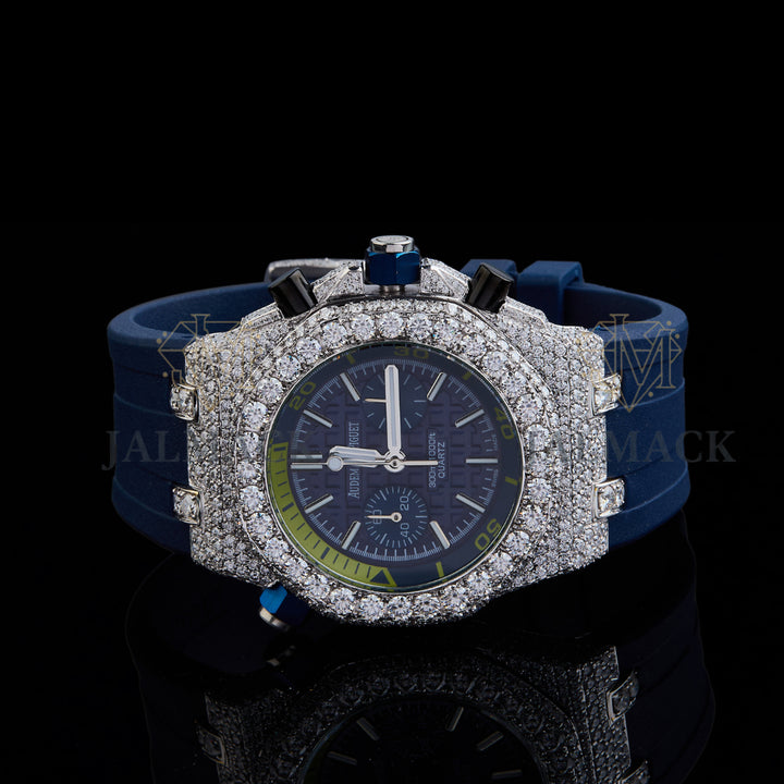 Blue Dial Fully Iced Moissanite Chronograph Watch