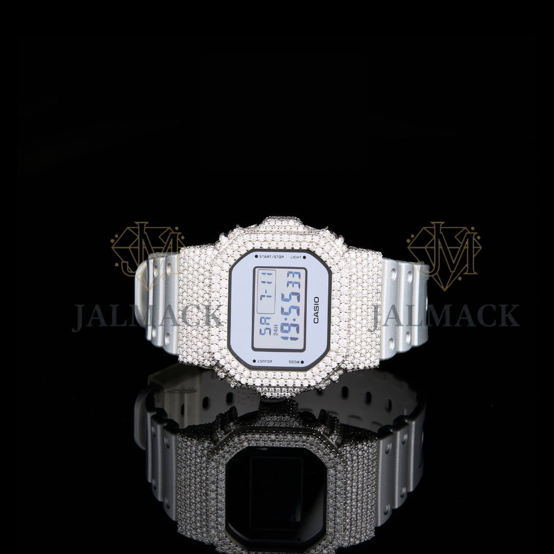 Silver Half Iced Round-Cut Moissanite Digital Watch