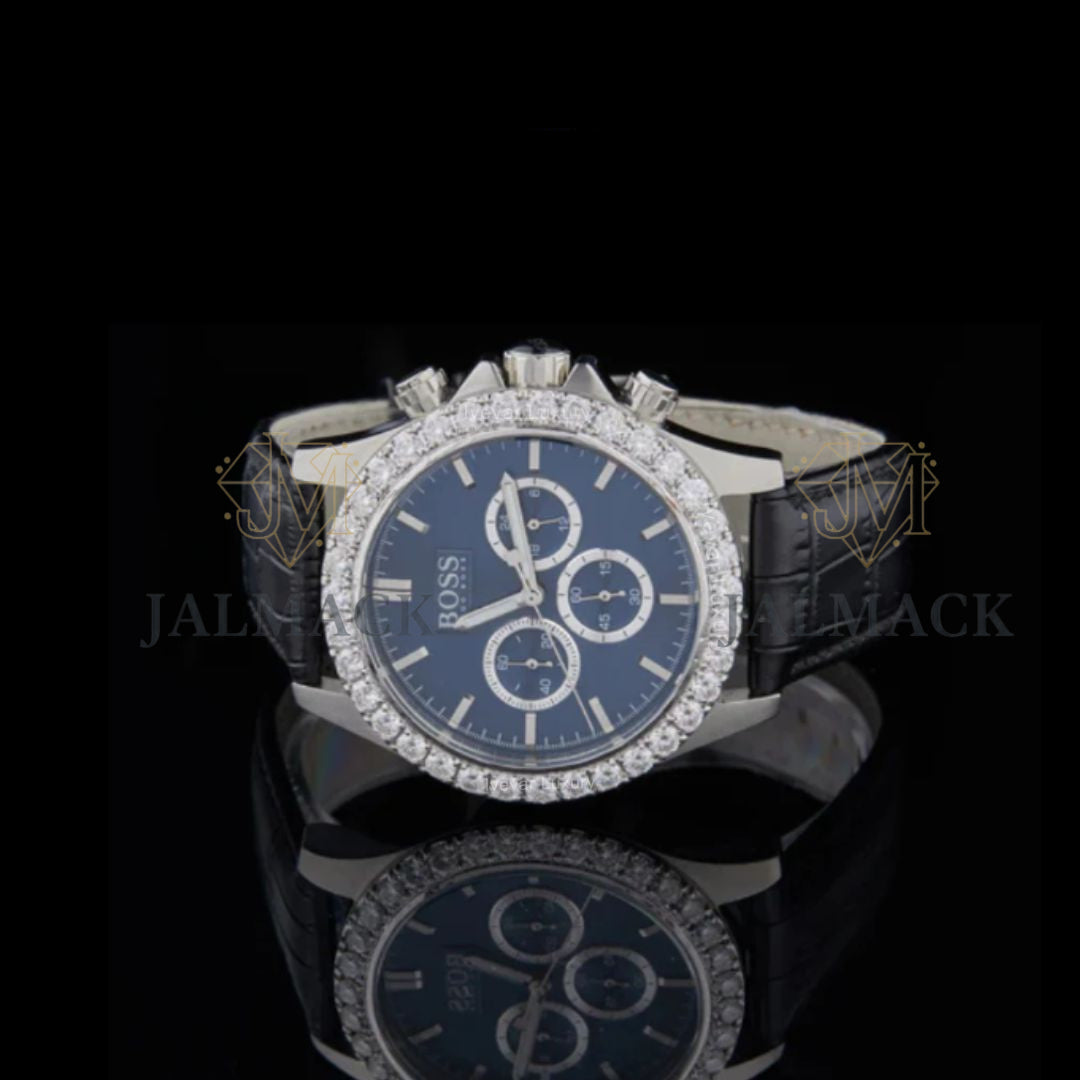 Blue Dial Chronograph Round-Cut Moissanite Leather Watch