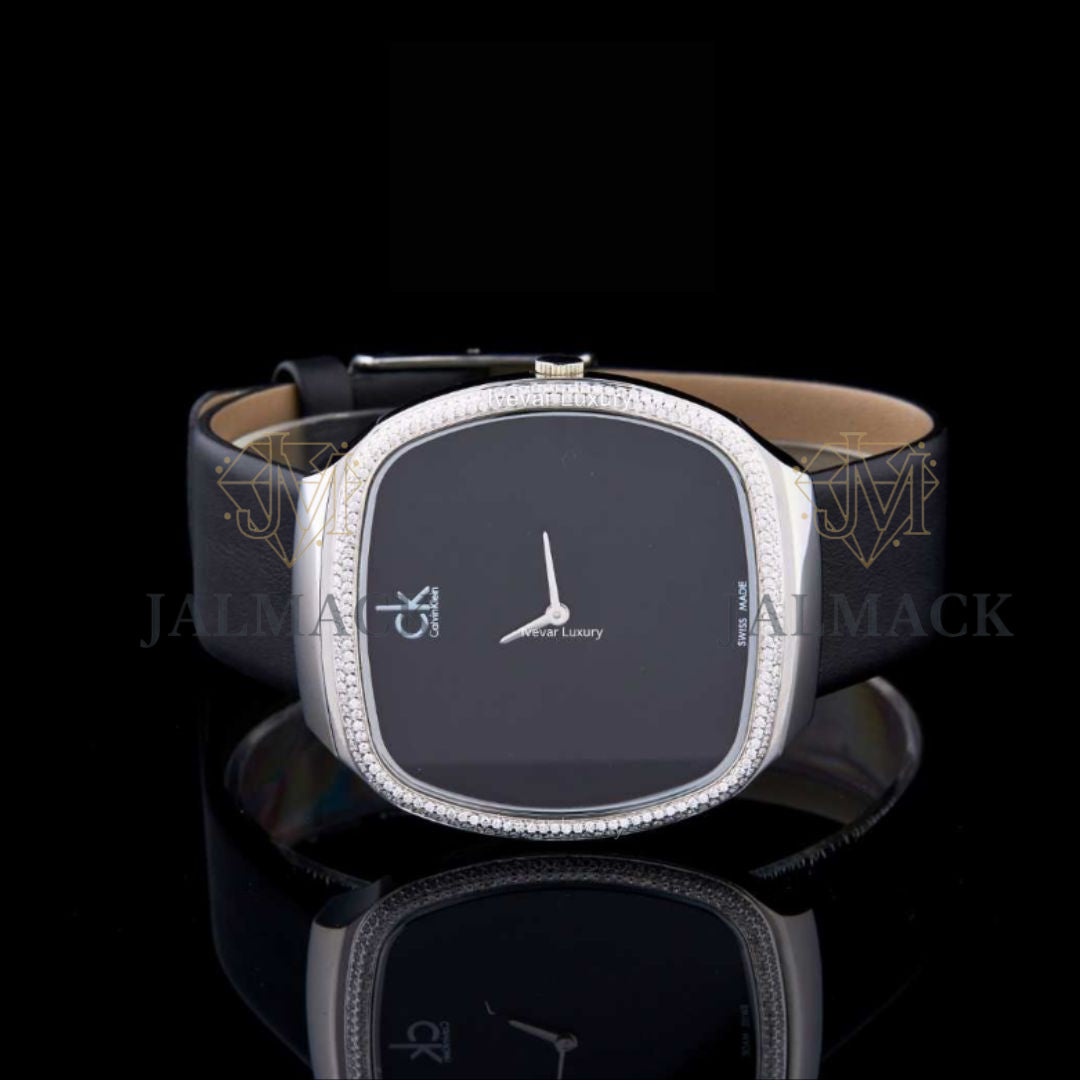 Black Minimalist Dial Round-Cut Moissanite Leather Watch
