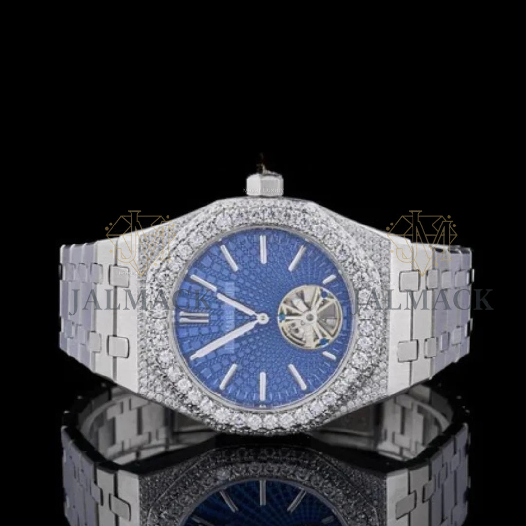 Blue Dial Open-Heart Fully Iced Moissanite Automatic Watch