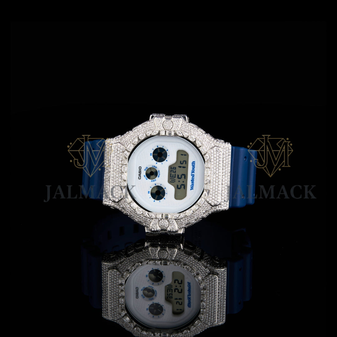 Silver Fully Iced Moissanite Digital Watch with Blue Strap