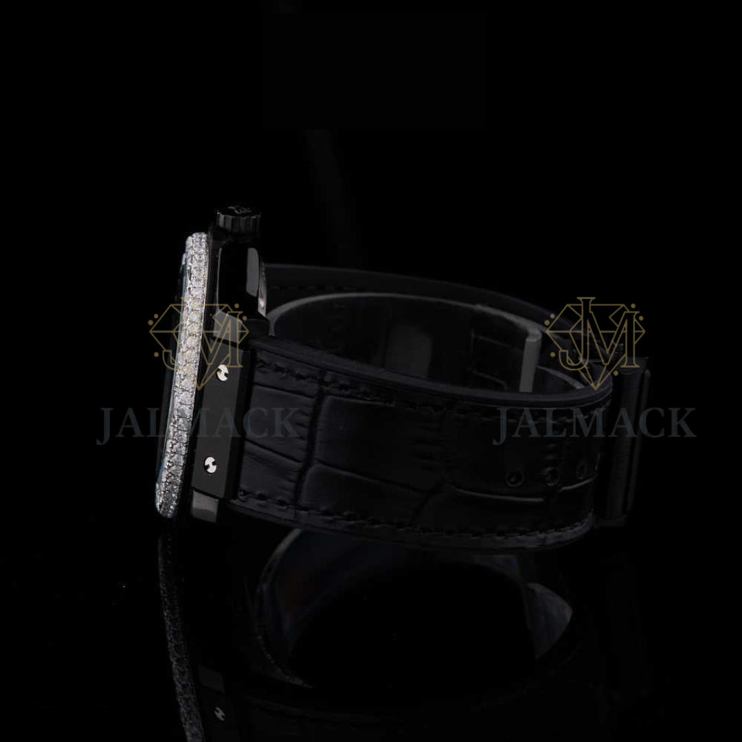 Black Dial Baton Marker Round-Cut Moissanite Automatic Watch