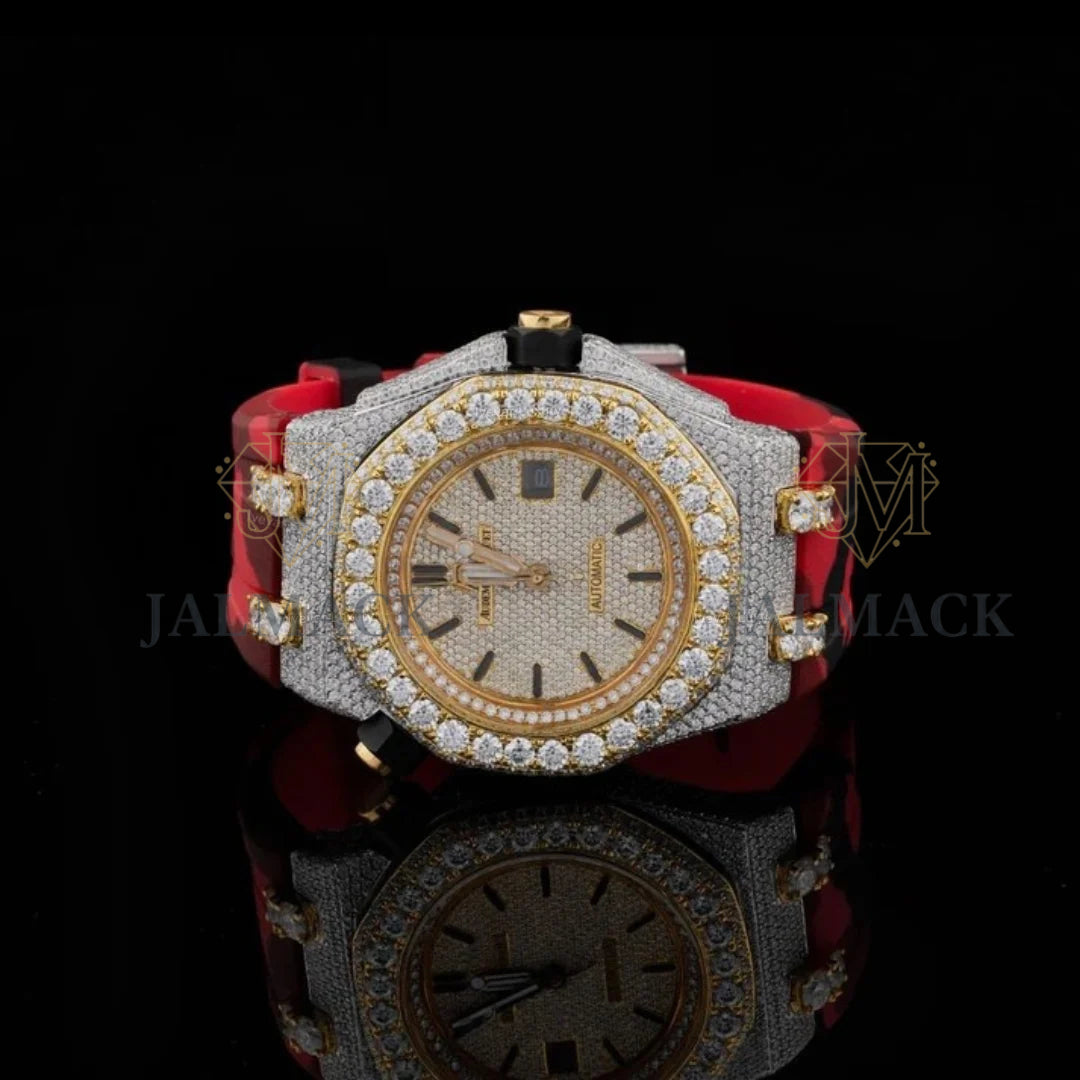 Two-Tone Half Iced Moissanite Automatic Watch Red Strap